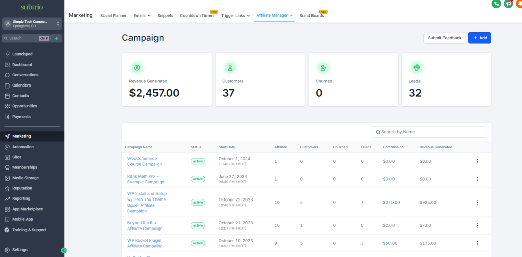 screenshot of the affiliate manager campaign dashboard in Subtrio