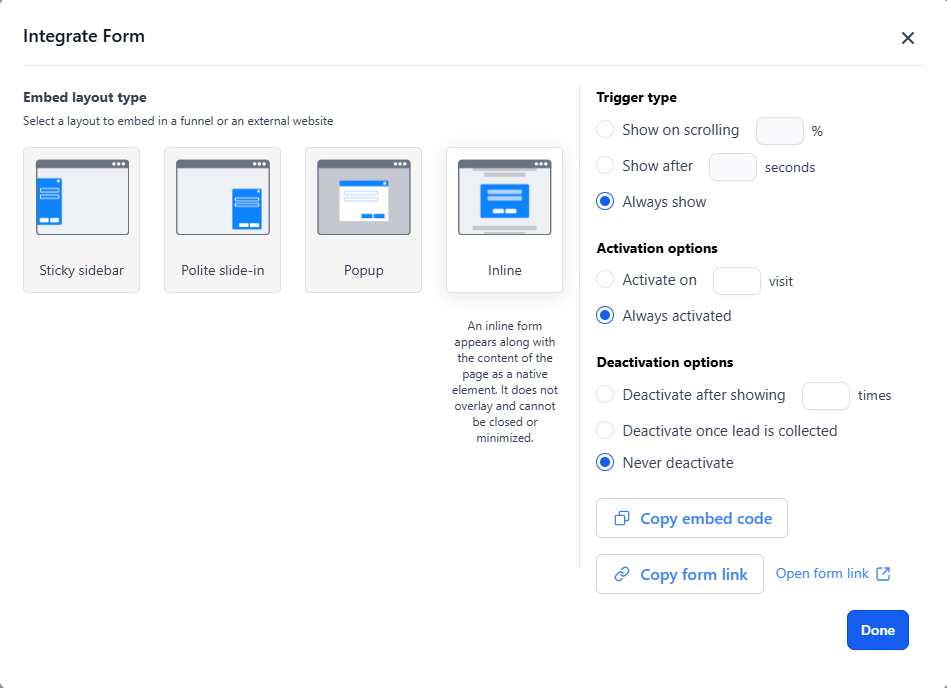 a screenshot of the intergration area for the go high level forms builder